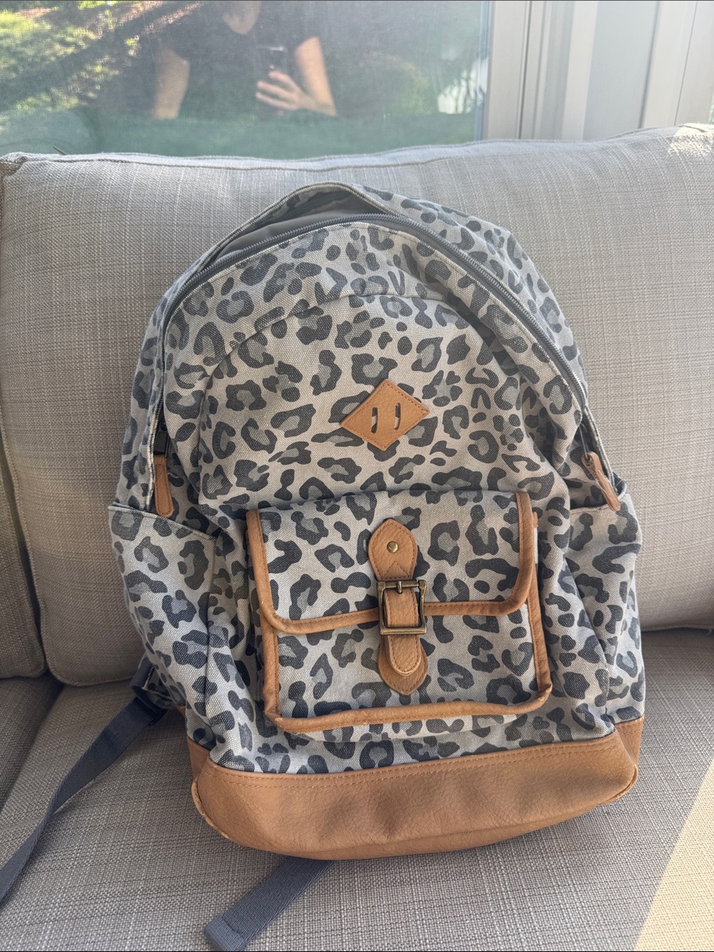 Pottery Barn Kids Gray Leopard Canvas Backpack with Tan Accents and lunch box